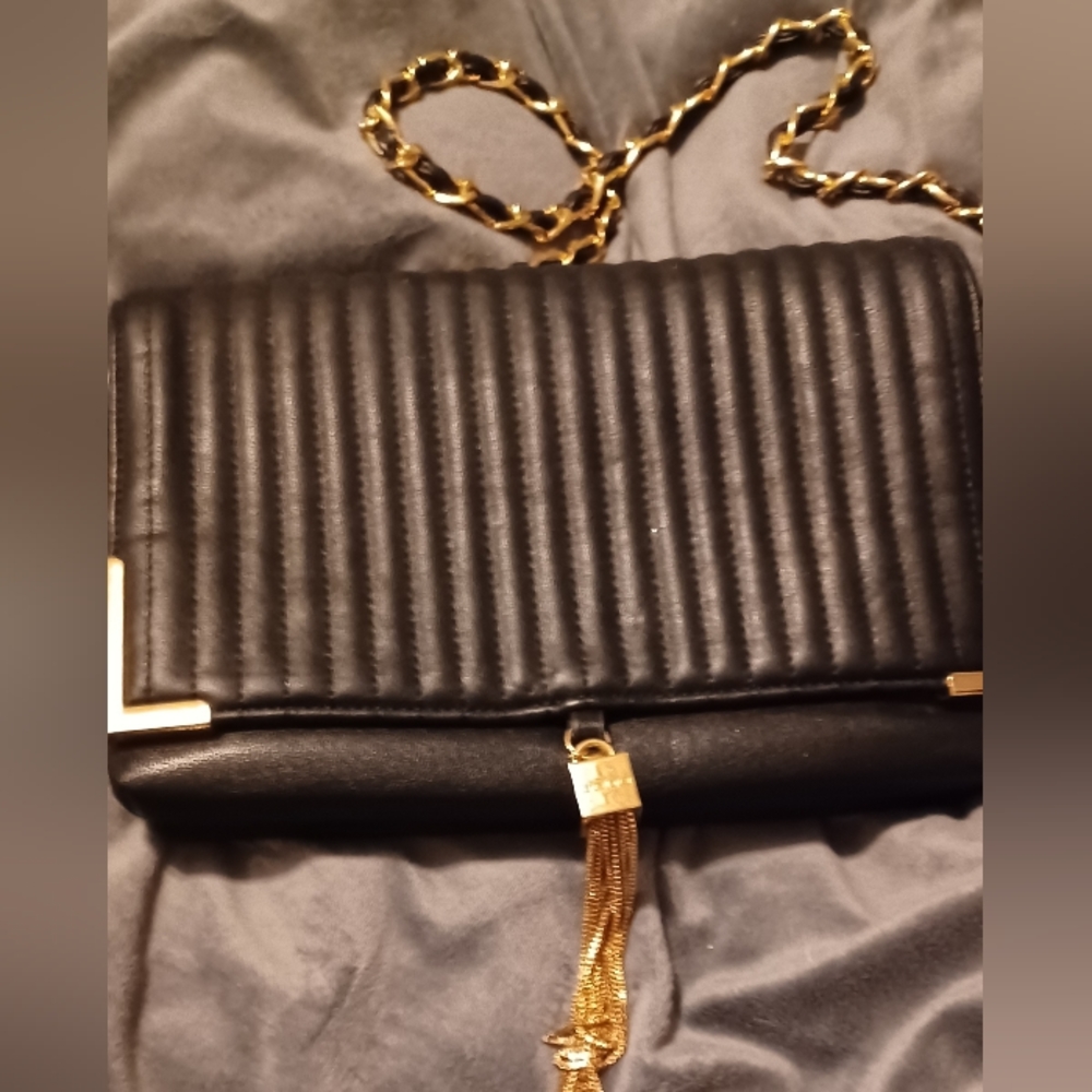 Bebe Black Crossbody Purse faux leather Gold Hardware Handbag - Picture 7 of 14